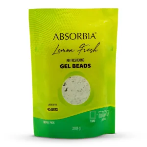 Absorbia Lemon Fresh Gel Beads Air Freshener - 200g with 8ml Refill Pack With decorative glass Jar and Box, and Invigorating Citrus Bliss for 45 Days of Refreshment…