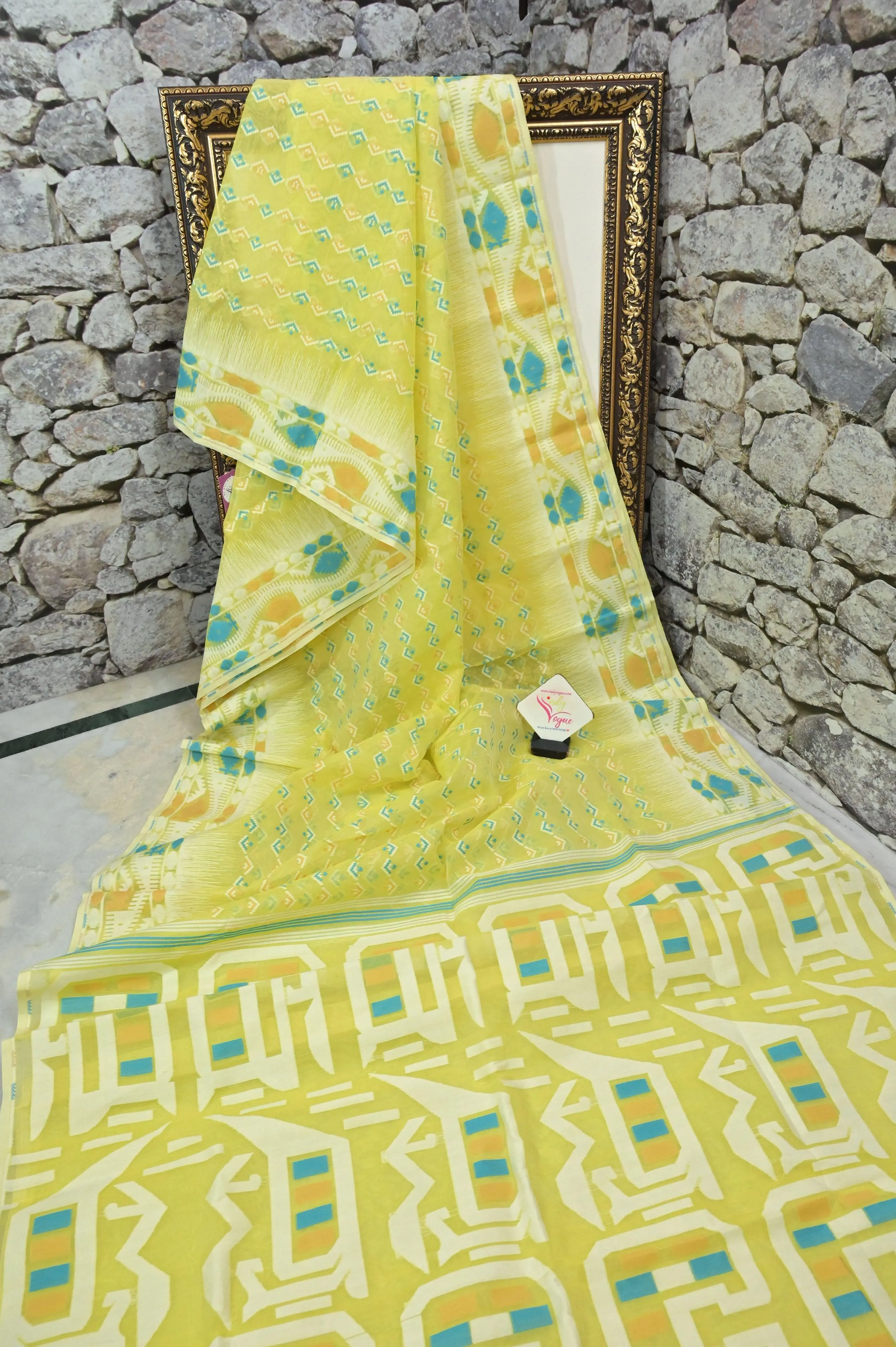 Fresh Lime Yellow Color Jamdani Saree