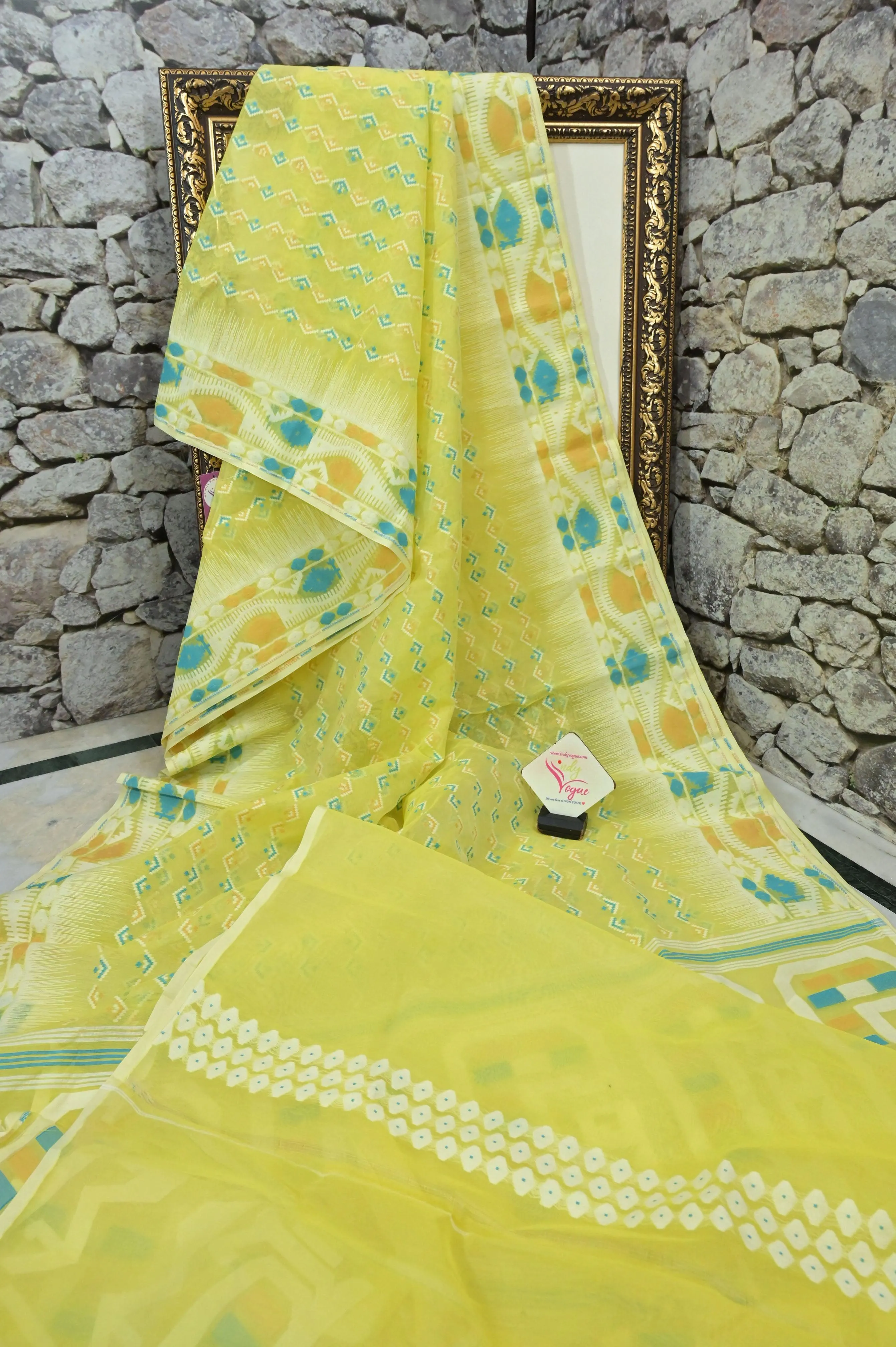 Fresh Lime Yellow Color Jamdani Saree