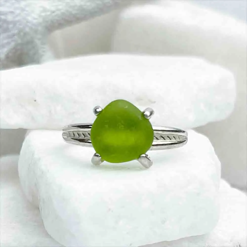 Lime Green Sea Glass Ring in Sterling Silver Decorative Band Size 7 | #1820